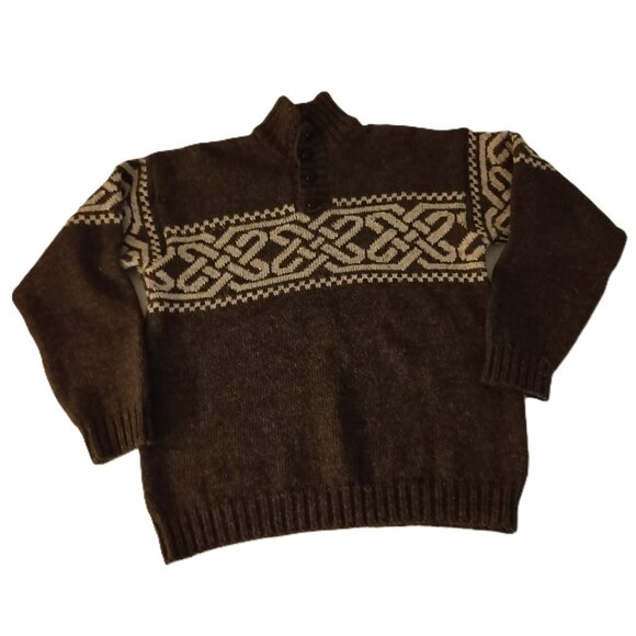 Carraig Donn Brown White Irish Knit Wool Sweater Button Neck Closure Men’s Large - Picture 1 of 15